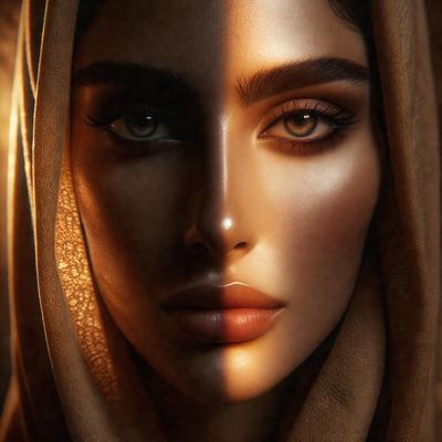 The primary subject of the image is a woman with a brown and white headscarf. She is wearing a brown headscarf and has a brown and white pattern on her face. The setting is a dark room, and the visual style is a close-up of the woman's face. The colors and mood of the image are dark and mysterious, with the woman's face being the main focus.